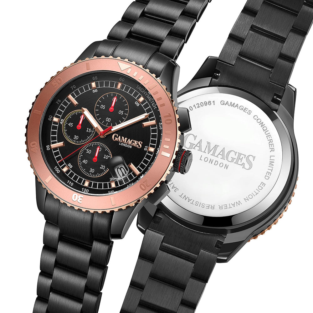 GAMAGES OF LONDON Limited Edition Hand Assembled Conquerer Rose Black Dial Water Resistant Watch in Black Colour Chain Strap