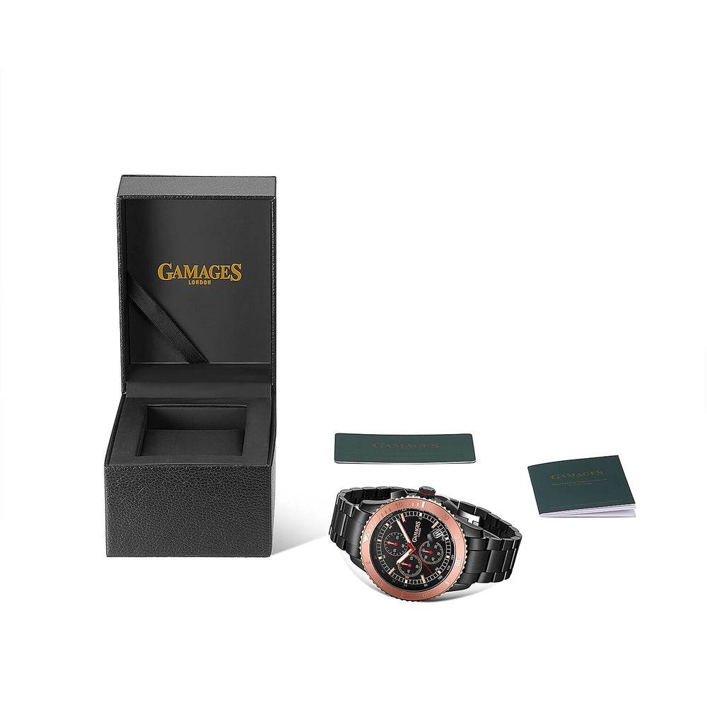 GAMAGES OF LONDON Limited Edition Hand Assembled Conquerer Rose Black Dial Water Resistant Watch in Black Colour Chain Strap