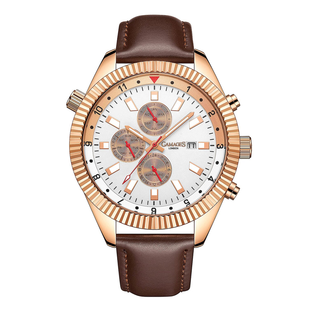 GAMAGES OF LONDON Limited Edition Hand Assembled Hour Rotator Automatic Rose Gold with Umber Brown Leather Strap