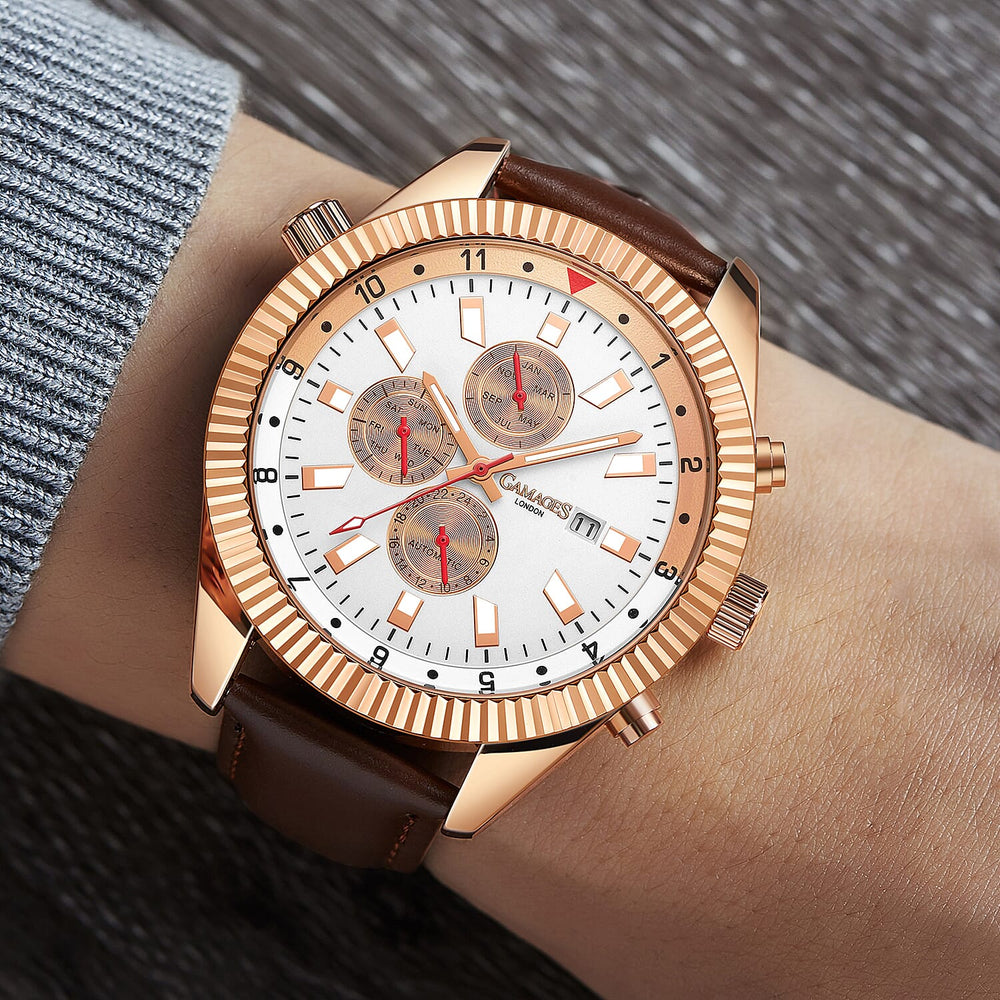 GAMAGES OF LONDON Limited Edition Hand Assembled Hour Rotator Automatic Rose Gold with Umber Brown Leather Strap