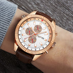GAMAGES OF LONDON Limited Edition Hand Assembled Hour Rotator Automatic Rose Gold with Umber Brown Leather Strap