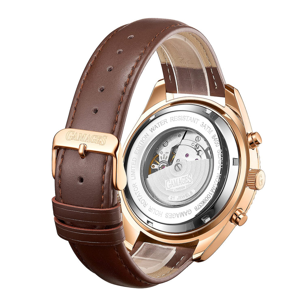 GAMAGES OF LONDON Limited Edition Hand Assembled Hour Rotator Automatic Rose Gold with Umber Brown Leather Strap