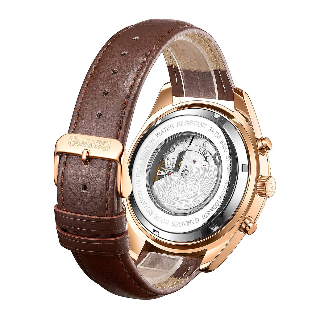 GAMAGES OF LONDON Limited Edition Hand Assembled Hour Rotator Automatic Rose Gold with Umber Brown Leather Strap