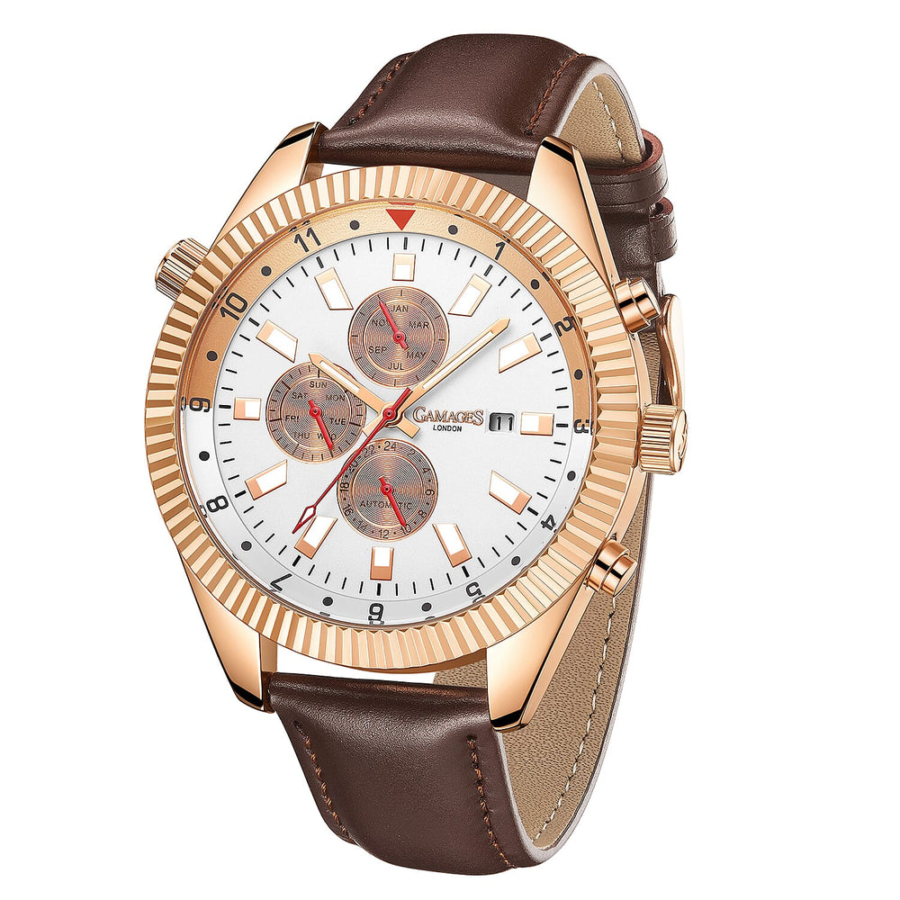 GAMAGES OF LONDON Limited Edition Hand Assembled Hour Rotator Automatic Rose Gold with Umber Brown Leather Strap