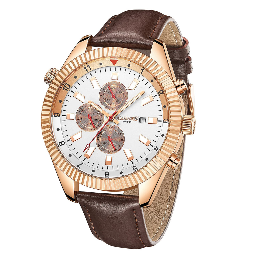 GAMAGES OF LONDON Limited Edition Hand Assembled Hour Rotator Automatic Rose Gold with Umber Brown Leather Strap