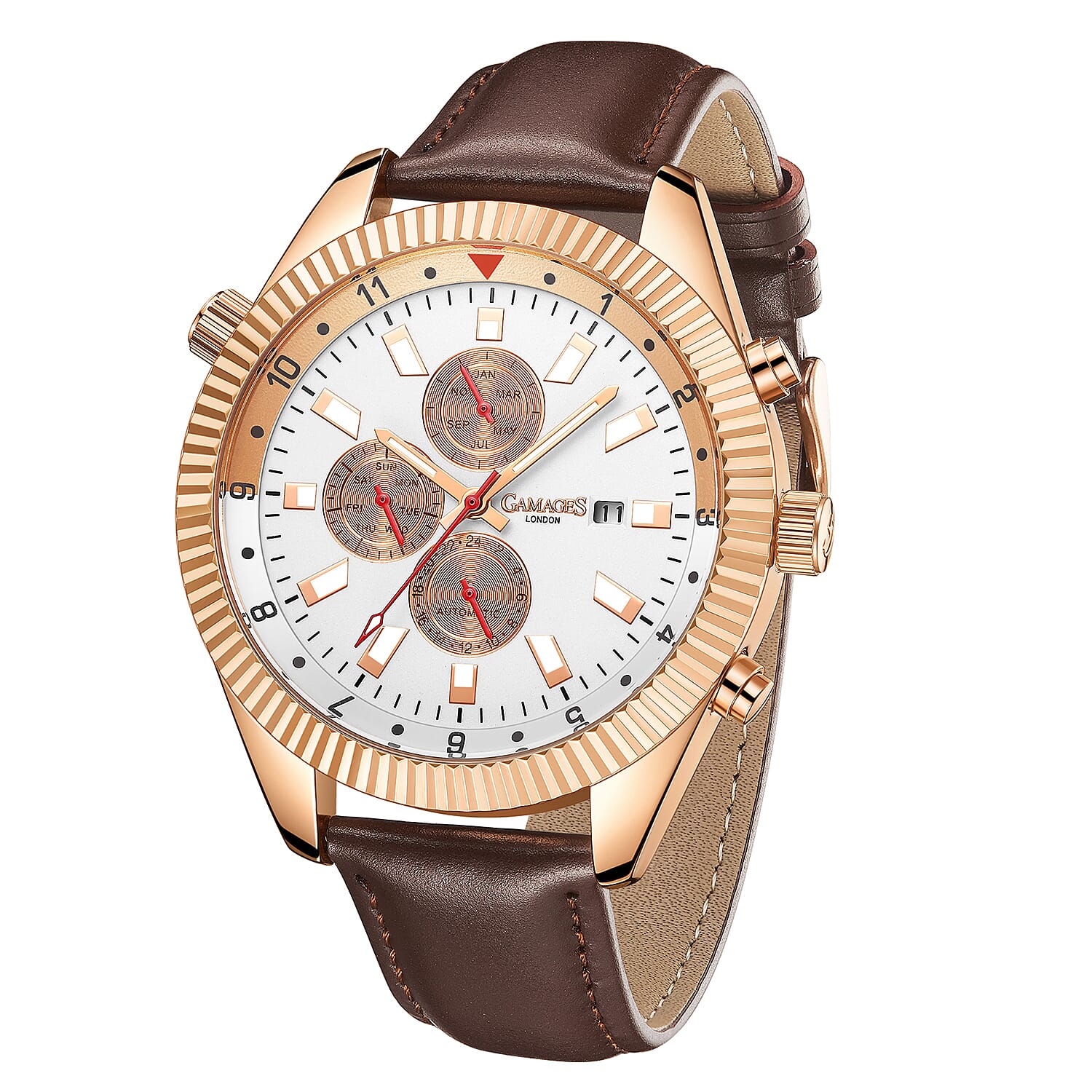 GAMAGES OF LONDON Limited Edition Hand Assembled Hour Rotator Automatic Rose Gold with Umber Brown Leather Strap