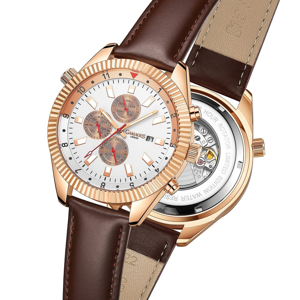 GAMAGES OF LONDON Limited Edition Hand Assembled Hour Rotator Automatic Rose Gold with Umber Brown Leather Strap