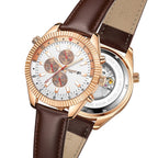GAMAGES OF LONDON Limited Edition Hand Assembled Hour Rotator Automatic Rose Gold with Umber Brown Leather Strap
