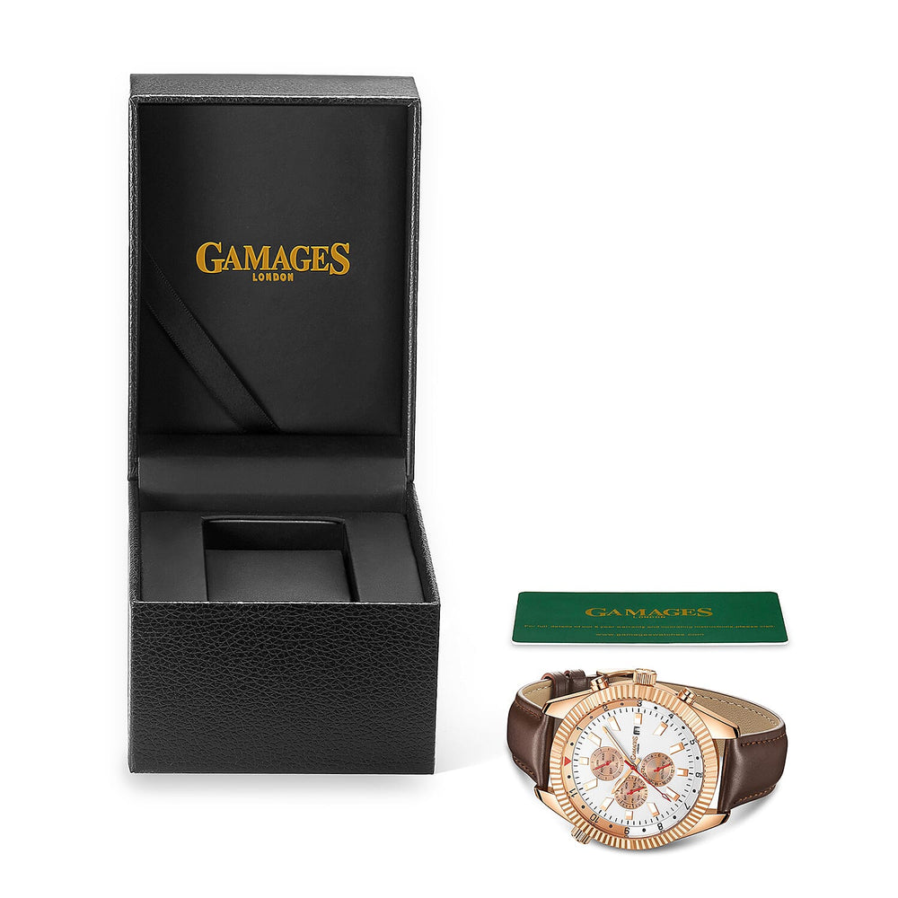 GAMAGES OF LONDON Limited Edition Hand Assembled Hour Rotator Automatic Rose Gold with Umber Brown Leather Strap