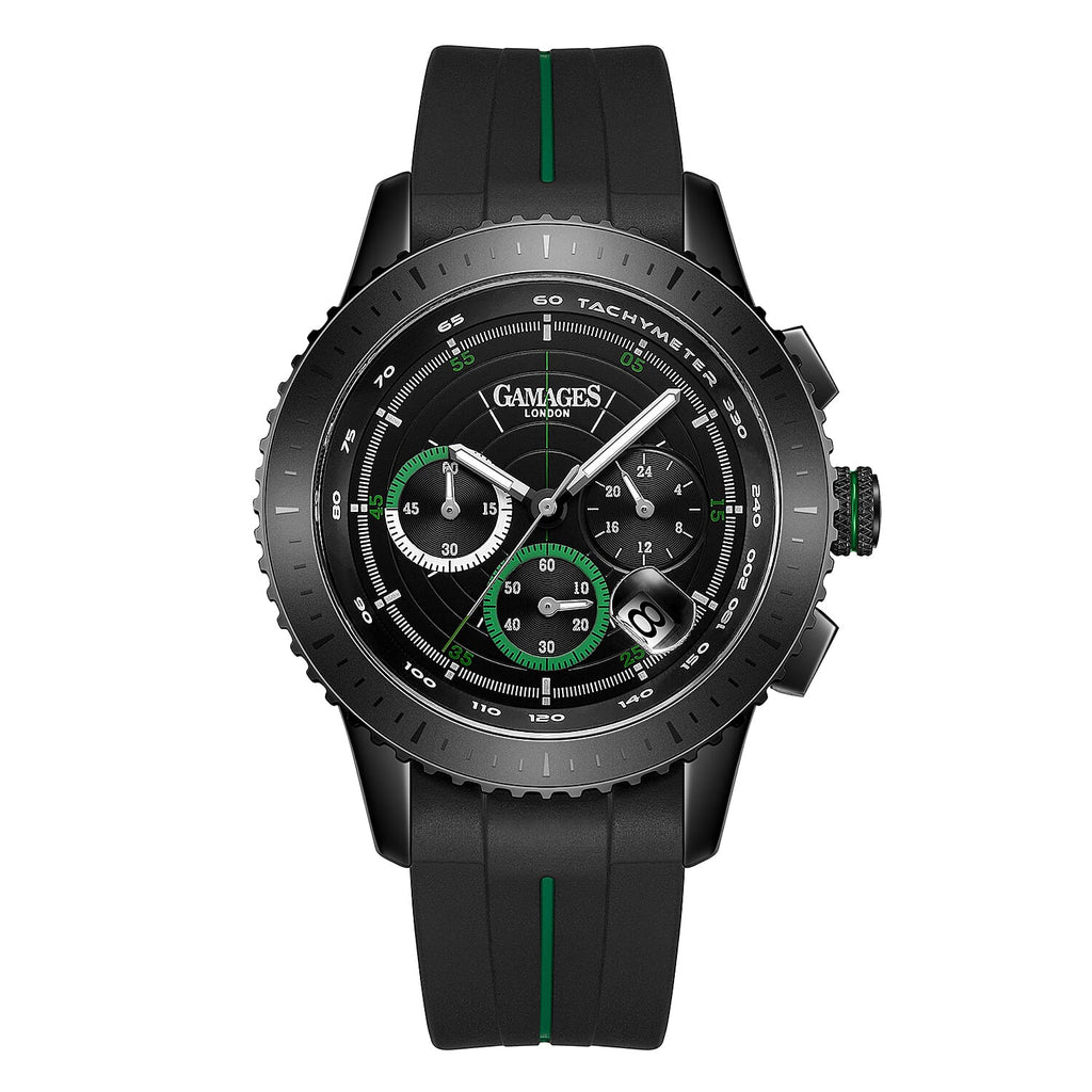 GAMAGES OF LONDON Limited Edition Hand Assembled Navigator Black Dial Water Resistant Watch in Black Silicone Strap with Green Stripe