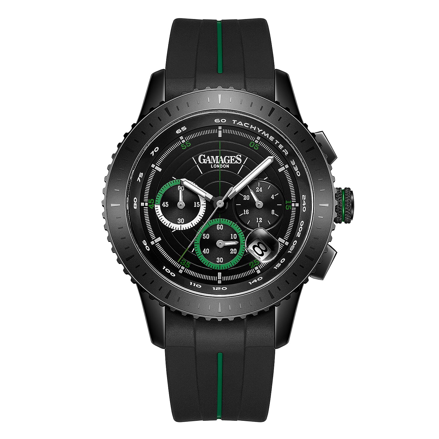 GAMAGES OF LONDON Limited Edition Hand Assembled Navigator Black Dial Water Resistant Watch in Black Silicone Strap with Green Stripe