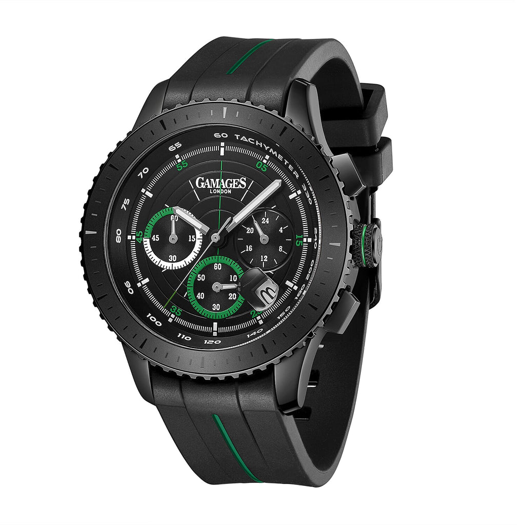GAMAGES OF LONDON Limited Edition Hand Assembled Navigator Black Dial Water Resistant Watch in Black Silicone Strap with Green Stripe
