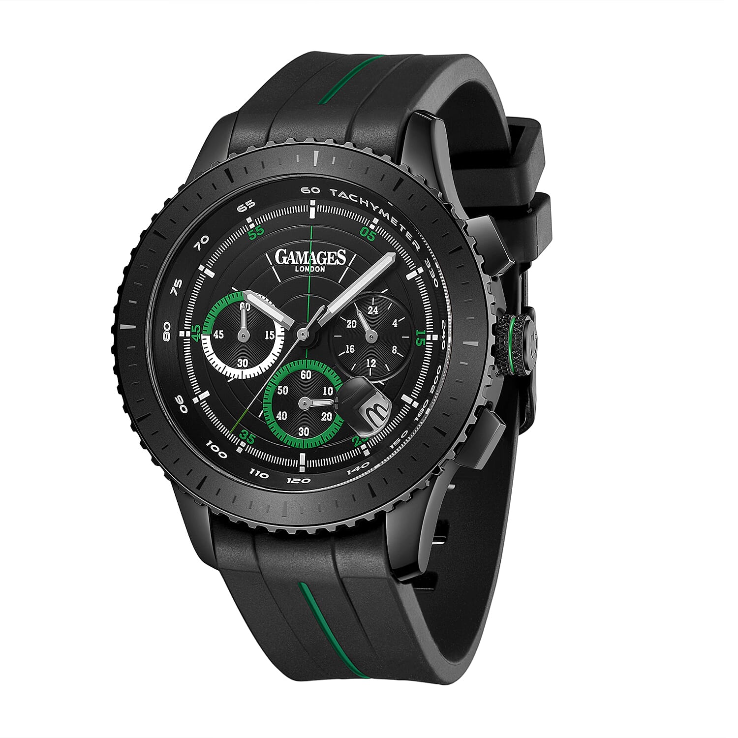 GAMAGES OF LONDON Limited Edition Hand Assembled Navigator Black Dial Water Resistant Watch in Black Silicone Strap with Green Stripe