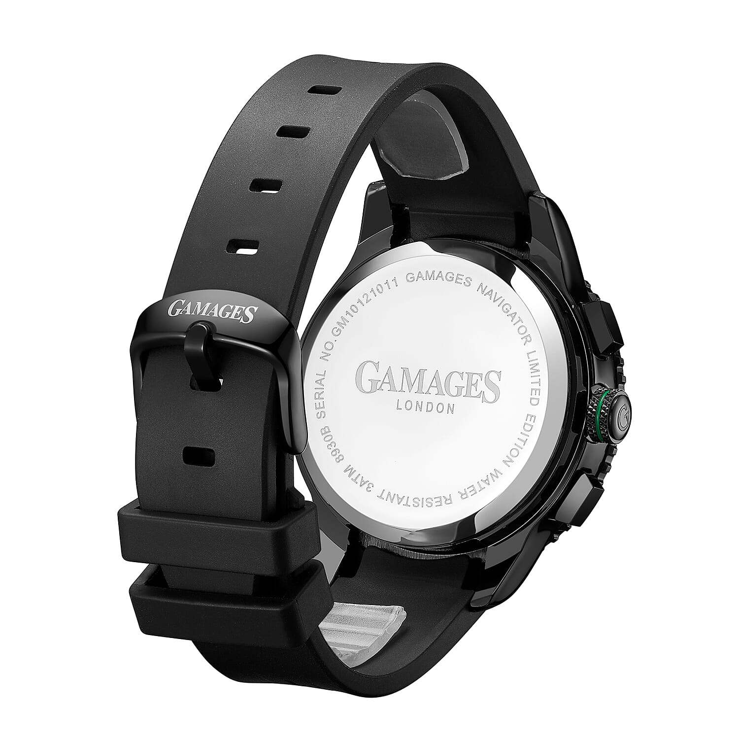 GAMAGES OF LONDON Limited Edition Hand Assembled Navigator Black Dial Water Resistant Watch in Black Silicone Strap with Green Stripe