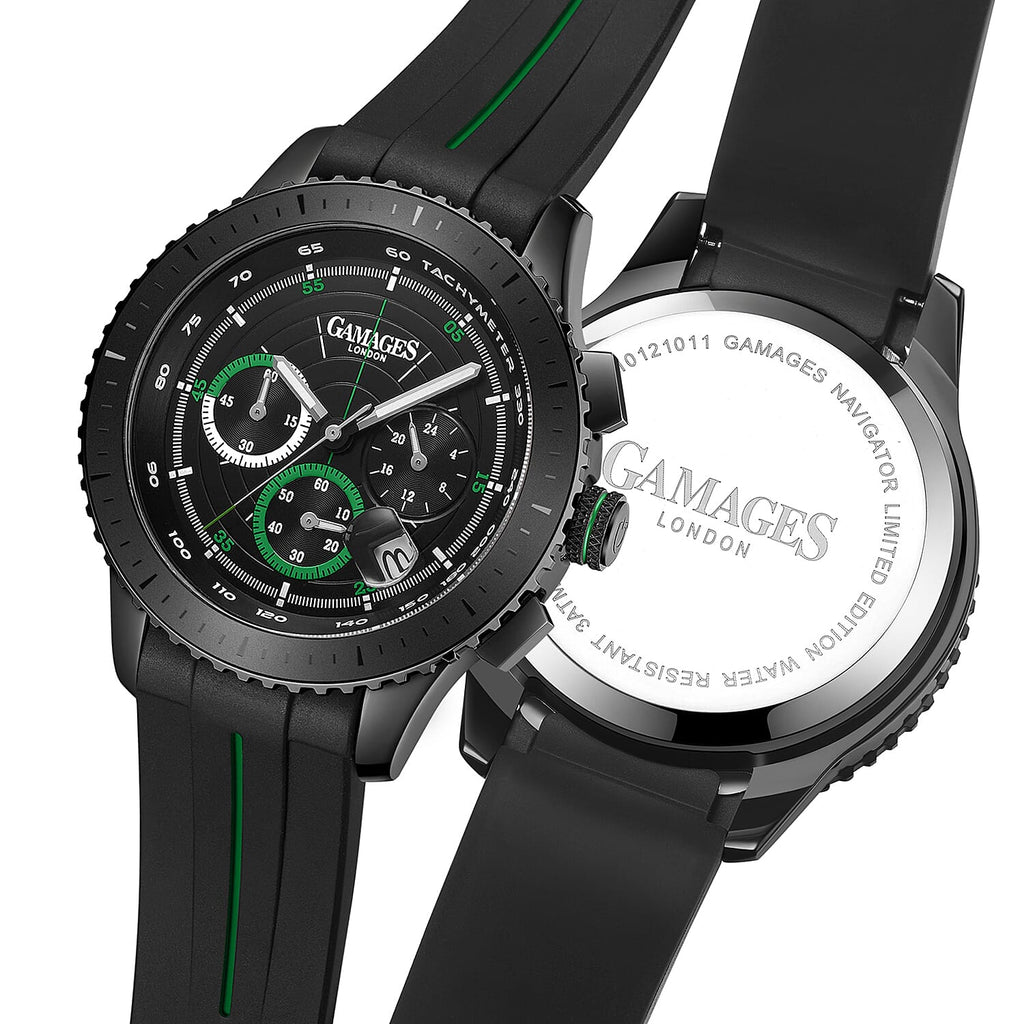 GAMAGES OF LONDON Limited Edition Hand Assembled Navigator Black Dial Water Resistant Watch in Black Silicone Strap with Green Stripe