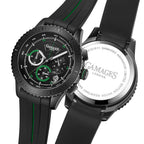 GAMAGES OF LONDON Limited Edition Hand Assembled Navigator Black Dial Water Resistant Watch in Black Silicone Strap with Green Stripe