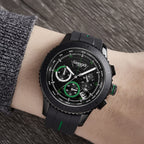 GAMAGES OF LONDON Limited Edition Hand Assembled Navigator Black Dial Water Resistant Watch in Black Silicone Strap with Green Stripe