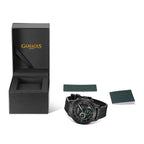GAMAGES OF LONDON Limited Edition Hand Assembled Navigator Black Dial Water Resistant Watch in Black Silicone Strap with Green Stripe