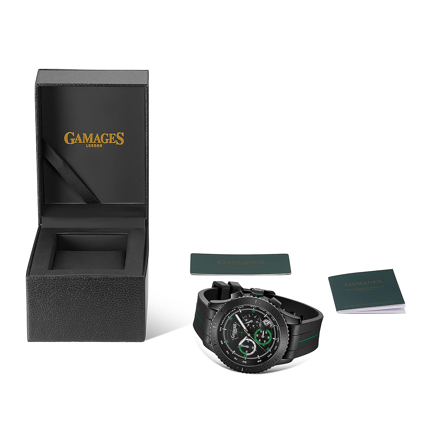 GAMAGES OF LONDON Limited Edition Hand Assembled Navigator Black Dial Water Resistant Watch in Black Silicone Strap with Green Stripe