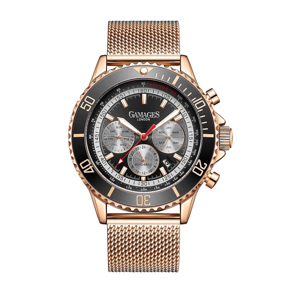 GAMAGES OF LONDON Limited Edition Hand Assembled Sports Racer Automatic Rose Gold Stainless Steel Strap and Black Dial