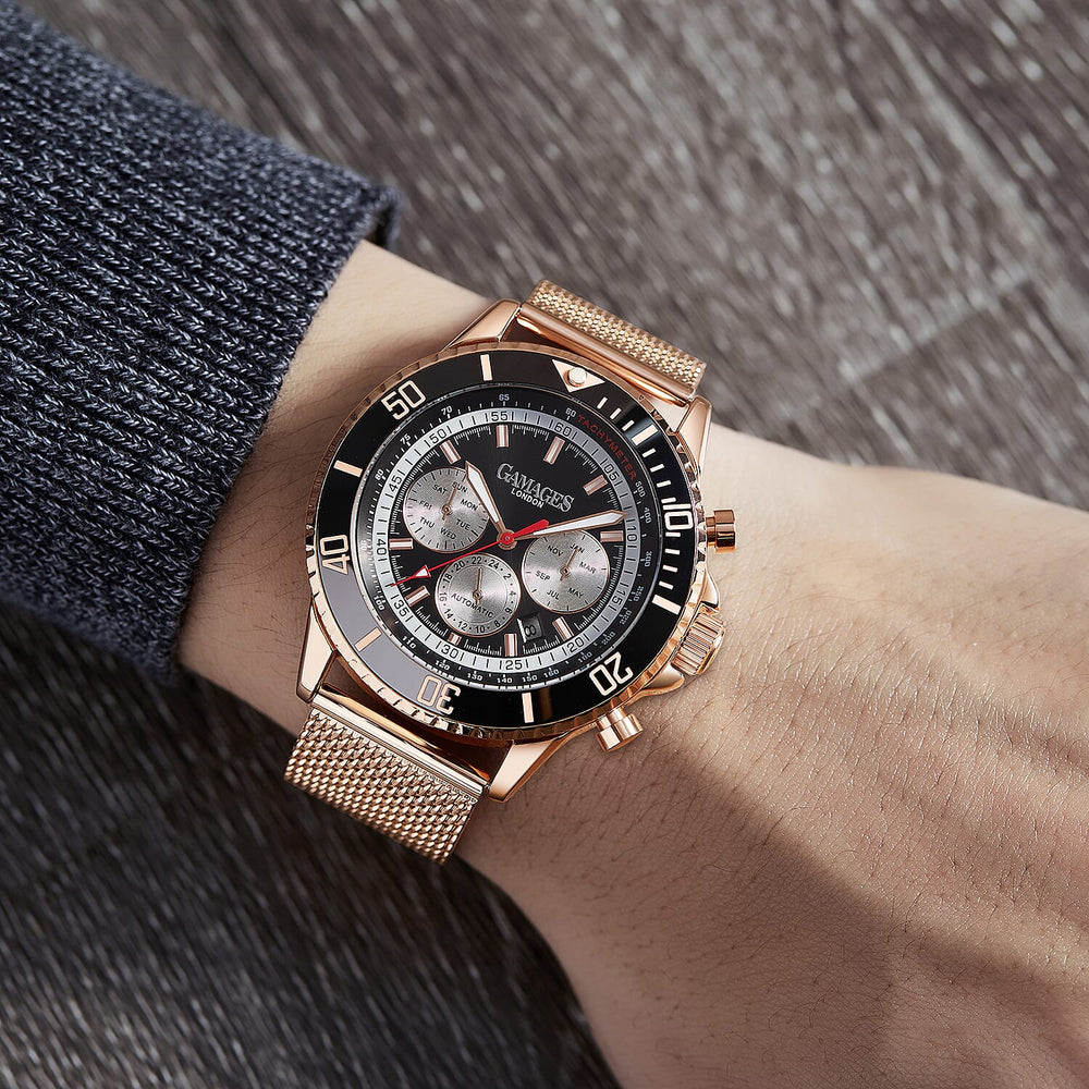 GAMAGES OF LONDON Limited Edition Hand Assembled Sports Racer Automatic Rose Gold Stainless Steel Strap and Black Dial