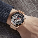 GAMAGES OF LONDON Limited Edition Hand Assembled Sports Racer Automatic Rose Gold Stainless Steel Strap and Black Dial