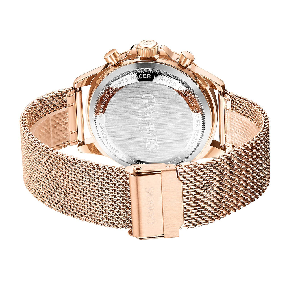 GAMAGES OF LONDON Limited Edition Hand Assembled Sports Racer Automatic Rose Gold Stainless Steel Strap and Black Dial