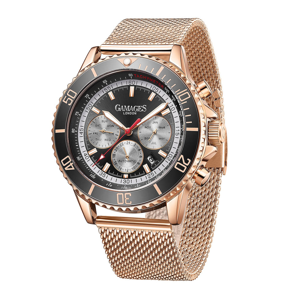GAMAGES OF LONDON Limited Edition Hand Assembled Sports Racer Automatic Rose Gold Stainless Steel Strap and Black Dial