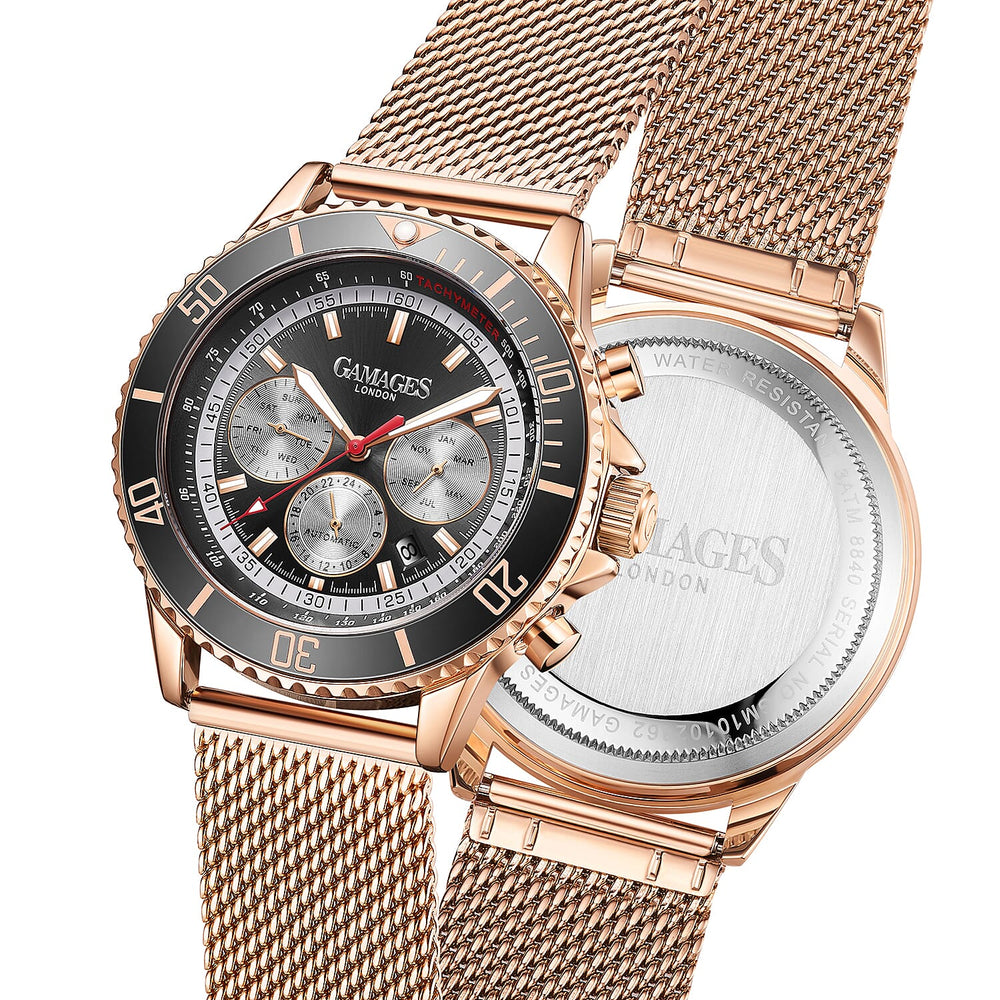 GAMAGES OF LONDON Limited Edition Hand Assembled Sports Racer Automatic Rose Gold Stainless Steel Strap and Black Dial