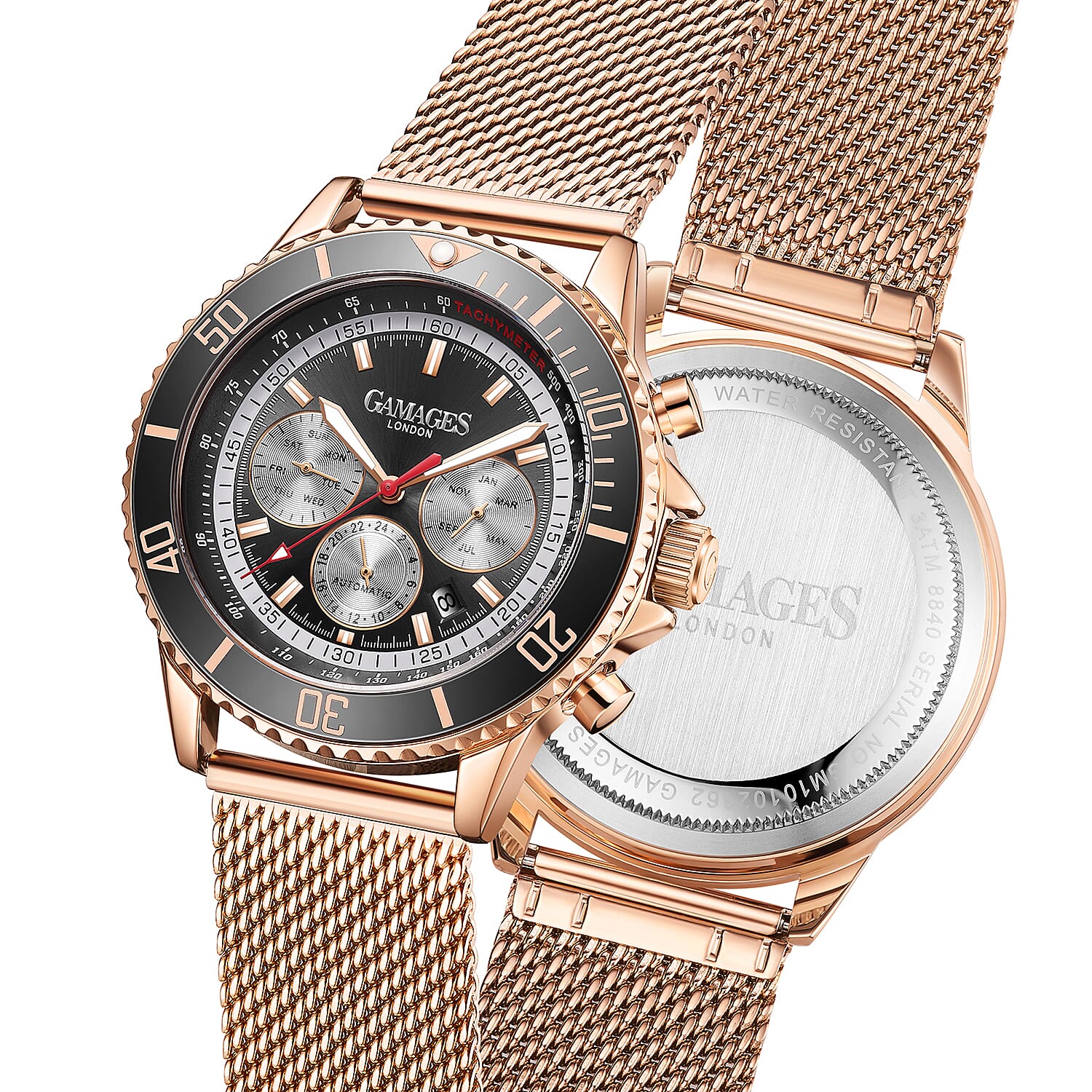 GAMAGES OF LONDON Limited Edition Hand Assembled Sports Racer Automatic Rose Gold Stainless Steel Strap and Black Dial