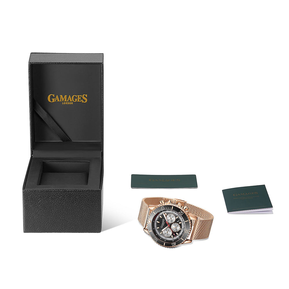 GAMAGES OF LONDON Limited Edition Hand Assembled Sports Racer Automatic Rose Gold Stainless Steel Strap and Black Dial