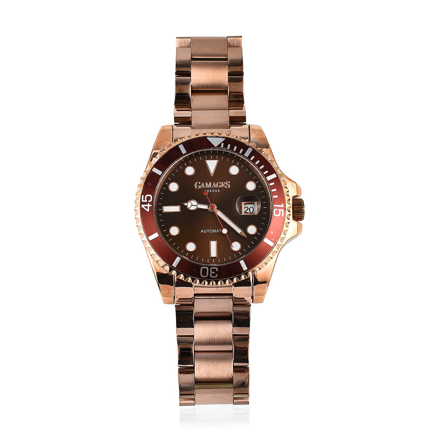GAMAGES OF LONDON Sports Element Automatic Movement Black Dial Brown Bezel Water Resistant Watch with Rose Gold Chain Strap