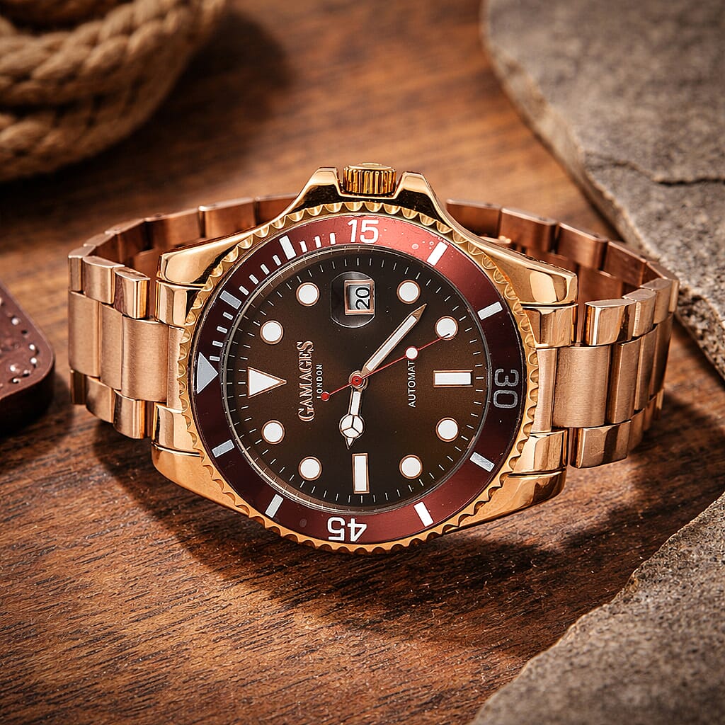 GAMAGES OF LONDON Sports Element Automatic Movement Black Dial Brown Bezel Water Resistant Watch with Rose Gold Chain Strap