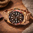 GAMAGES OF LONDON Sports Element Automatic Movement Black Dial Brown Bezel Water Resistant Watch with Rose Gold Chain Strap
