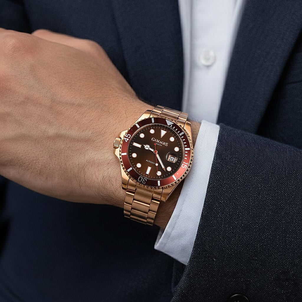 GAMAGES OF LONDON Sports Element Automatic Movement Black Dial Brown Bezel Water Resistant Watch with Rose Gold Chain Strap