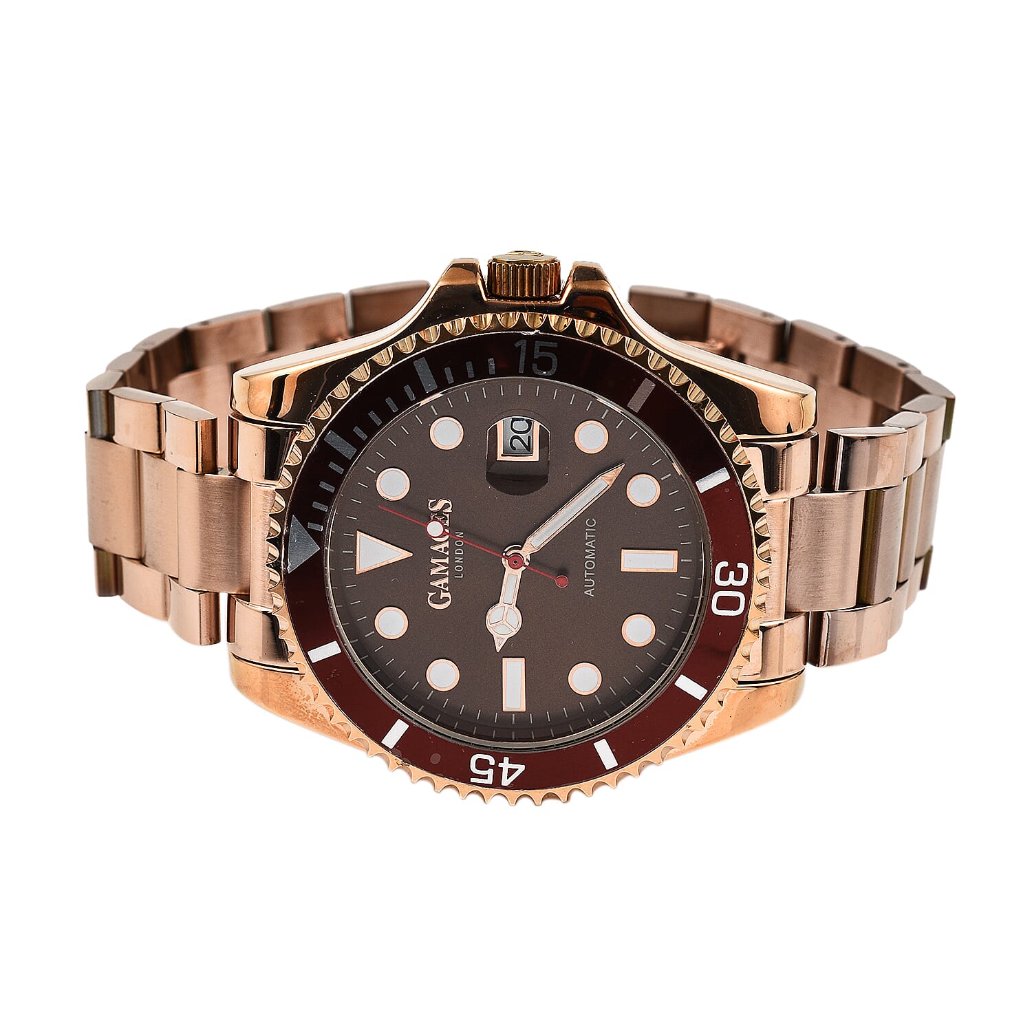 GAMAGES OF LONDON Sports Element Automatic Movement Black Dial Brown Bezel Water Resistant Watch with Rose Gold Chain Strap