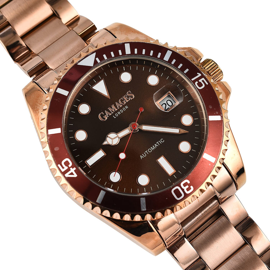 GAMAGES OF LONDON Sports Element Automatic Movement Black Dial Brown Bezel Water Resistant Watch with Rose Gold Chain Strap
