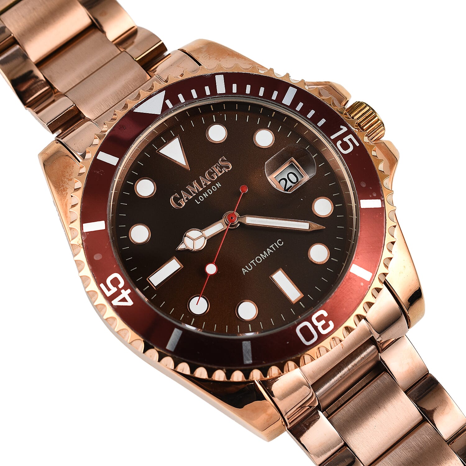 GAMAGES OF LONDON Sports Element Automatic Movement Black Dial Brown Bezel Water Resistant Watch with Rose Gold Chain Strap