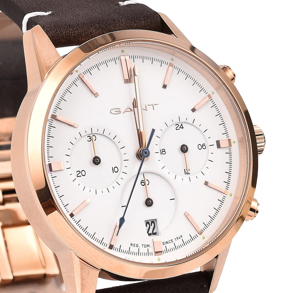 GANT BRADFORD Rose Gold Dial Water Resistant Watch with Brown Leather Strap