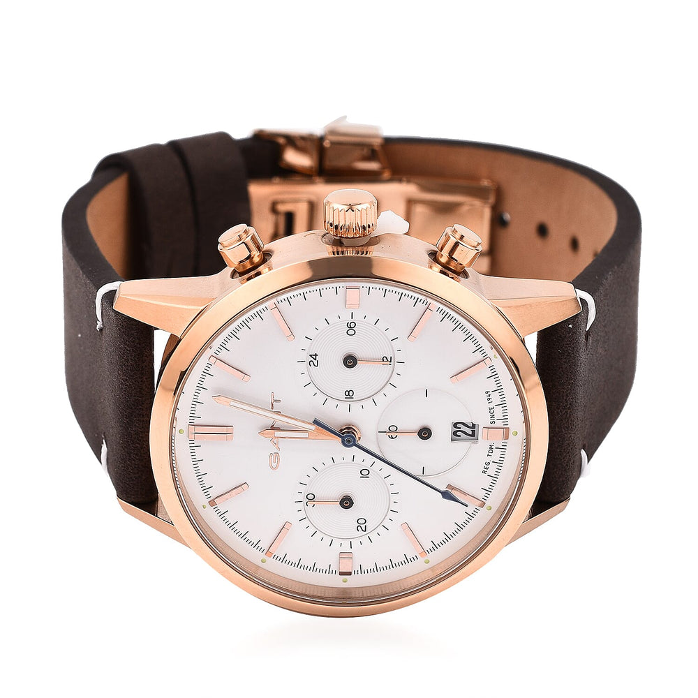 GANT BRADFORD Rose Gold Dial Water Resistant Watch with Brown Leather Strap