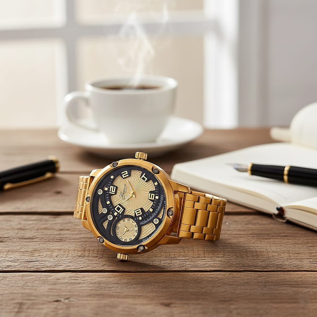 Designer Inspired - Genoa Time V2 Japanes Movement 3ATM WR Black Hydraulic Dial IPG Case Mens Watch with Gold Colour Stainless Steel Chain Strap