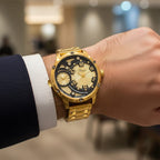 Designer Inspired - Genoa Time V2 Japanes Movement 3ATM WR Black Hydraulic Dial IPG Case Mens Watch with Gold Colour Stainless Steel Chain Strap