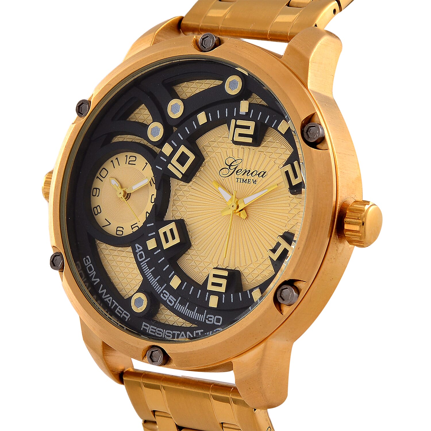 Designer Inspired - Genoa Time V2 Japanes Movement 3ATM WR Black Hydraulic Dial IPG Case Mens Watch with Gold Colour Stainless Steel Chain Strap