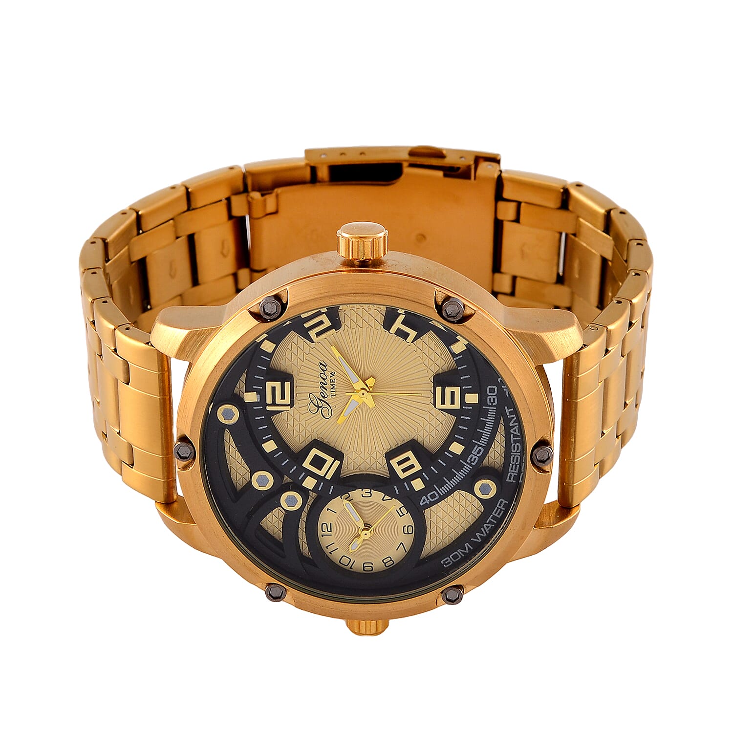Designer Inspired - Genoa Time V2 Japanes Movement 3ATM WR Black Hydraulic Dial IPG Case Mens Watch with Gold Colour Stainless Steel Chain Strap