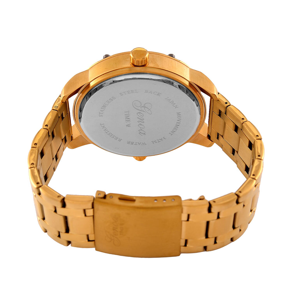 Designer Inspired - Genoa Time V2 Japanes Movement 3ATM WR Black Hydraulic Dial IPG Case Mens Watch with Gold Colour Stainless Steel Chain Strap