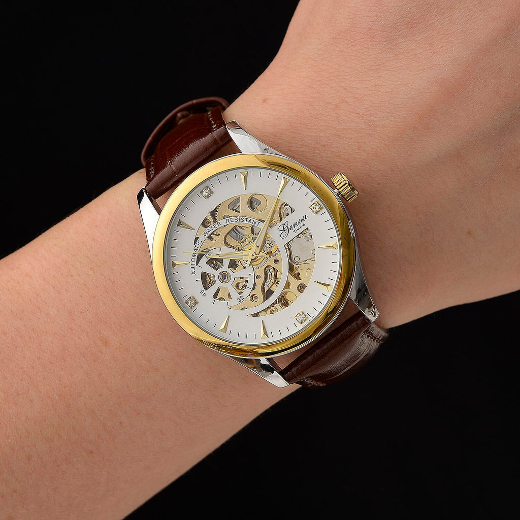 GENOA TIME Limited Edition Automatic Movt. 3ATM Water Resistant Watch With Skeleton Dial & Exhibition Back with Brown Leather Strap Presented in a Gift Box