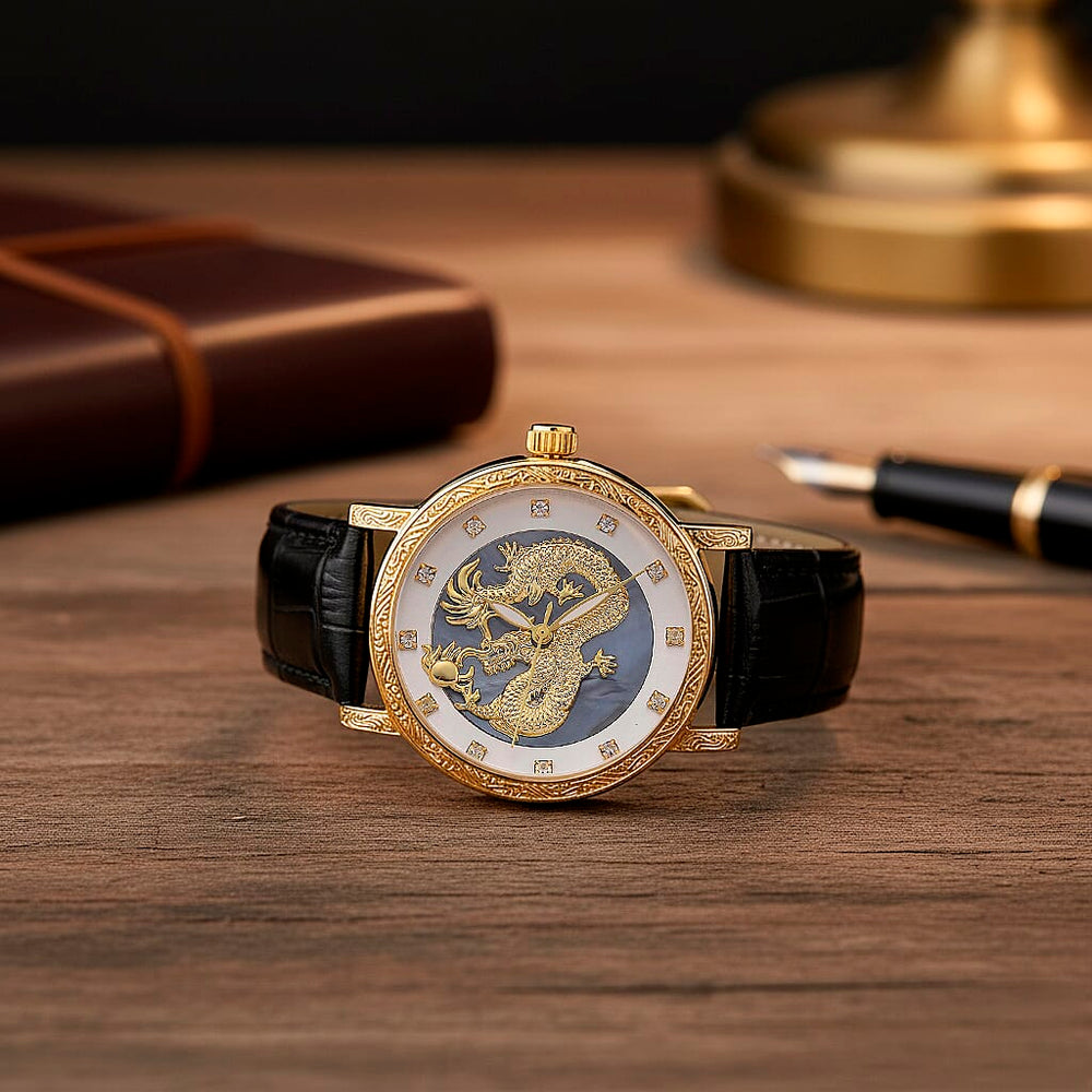 GENOA TIME LIMITED EDITION Dragon Series 3ATM WR Mother Of Pearl Dial & Gold Case Watch with Austrian Crystal Accents & Black Leather Strap Presented in a Gift Box