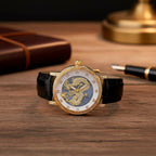 GENOA TIME LIMITED EDITION Dragon Series 3ATM WR Mother Of Pearl Dial & Gold Case Watch with Austrian Crystal Accents & Black Leather Strap Presented in a Gift Box