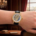 GENOA TIME LIMITED EDITION Dragon Series 3ATM WR Mother Of Pearl Dial & Gold Case Watch with Austrian Crystal Accents & Black Leather Strap Presented in a Gift Box
