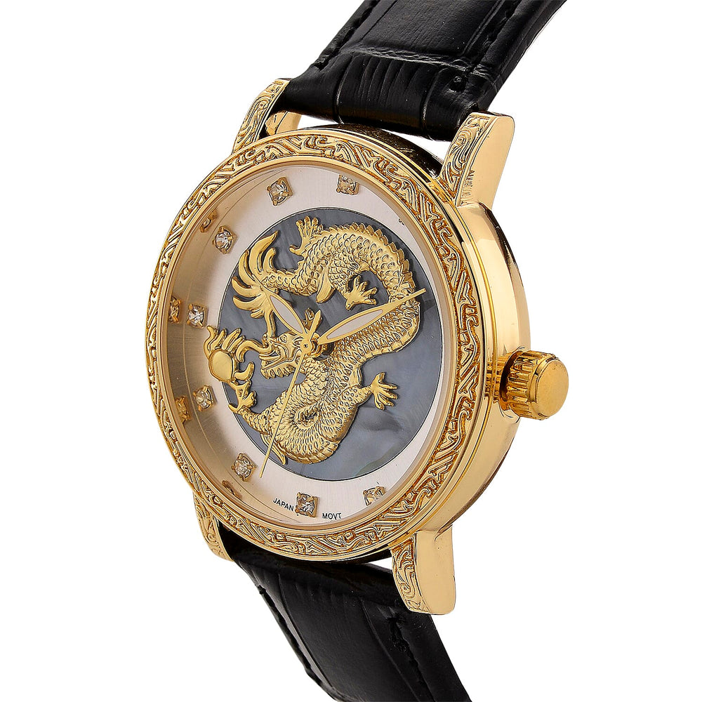 GENOA TIME LIMITED EDITION Dragon Series 3ATM WR Mother Of Pearl Dial & Gold Case Watch with Austrian Crystal Accents & Black Leather Strap Presented in a Gift Box